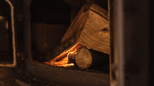 Kiln dried logs burning inside a log burner. A gentle flame growing